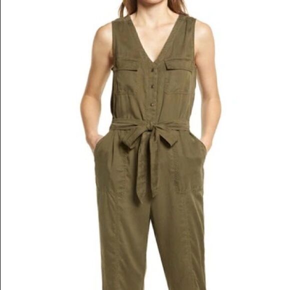 SUSINA MILITARY CARGO JUMPSUIT BUTTON FRONT SLEEVELESS OLIVE ARMY GREEN XS NWT - Picture 1 of 10